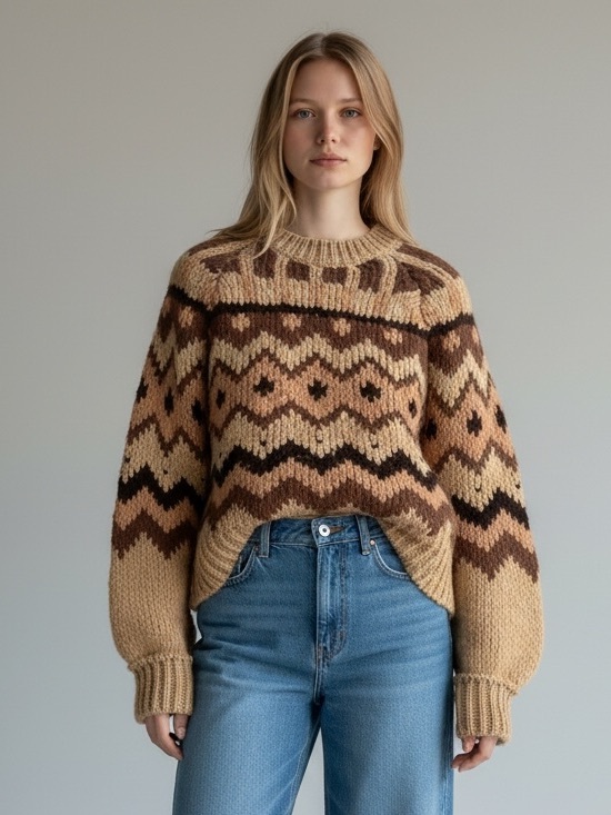 Anthropologie Sweaters - Anthropologie Wool Blend Chunky Fair Isle Knit Sweater in Beige & Brown